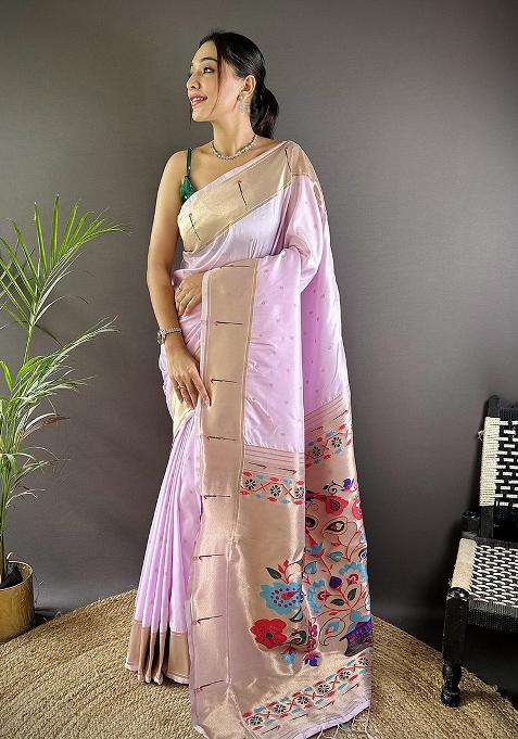 Pale Lavender Woven Silk Saree Set