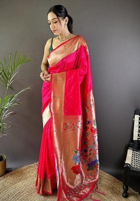Pink Woven Silk Saree Set