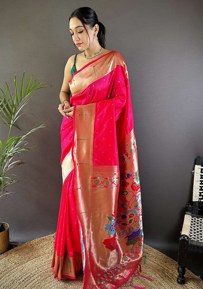 Pink Woven Silk Blend Saree Set for Diwali | Wedding & Festive Wear - Indya