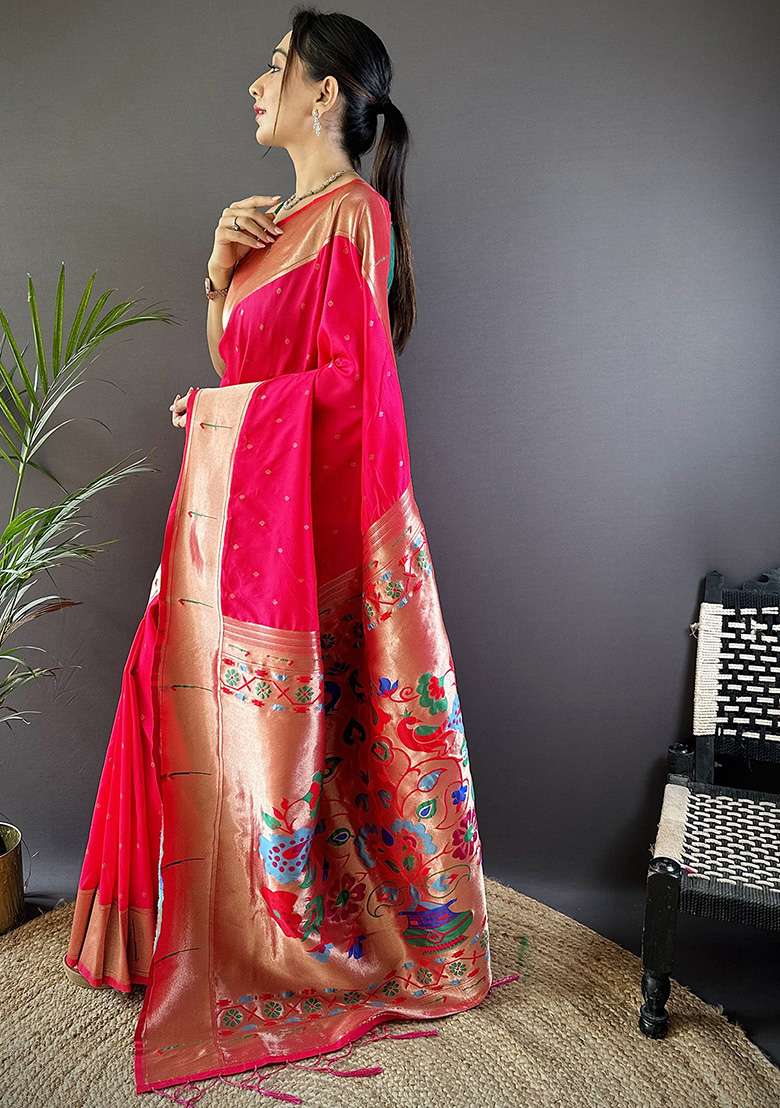 Pink Woven Silk Blend Saree Set for Diwali | Wedding & Festive Wear - Indya