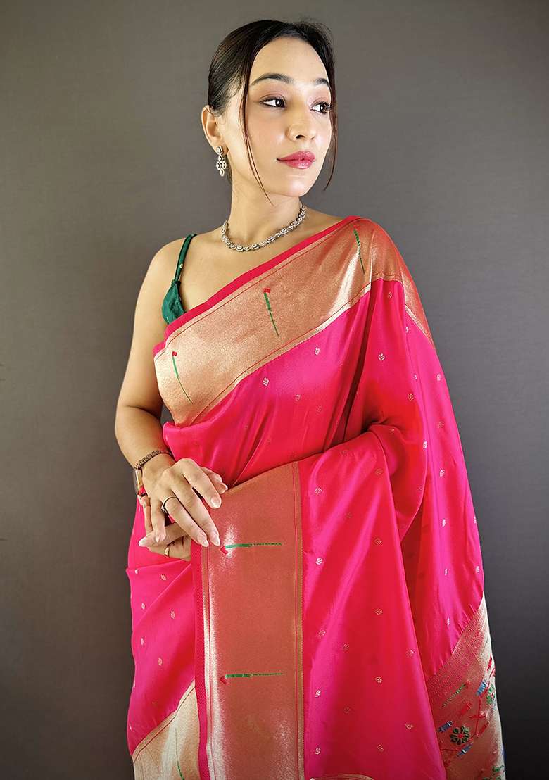 Pink Woven Silk Blend Saree Set for Diwali | Wedding & Festive Wear - Indya