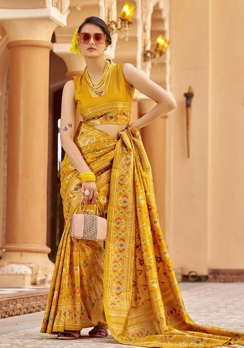 Orange Woven Silk Saree Set