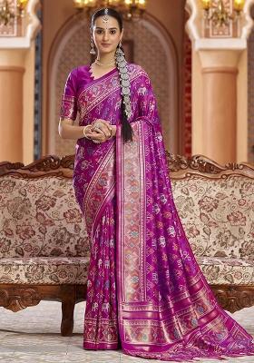 Rani Pink Woven Silk Blend Saree Set