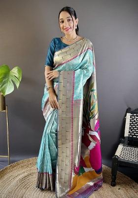 Teal Blue Woven Silk Saree Set