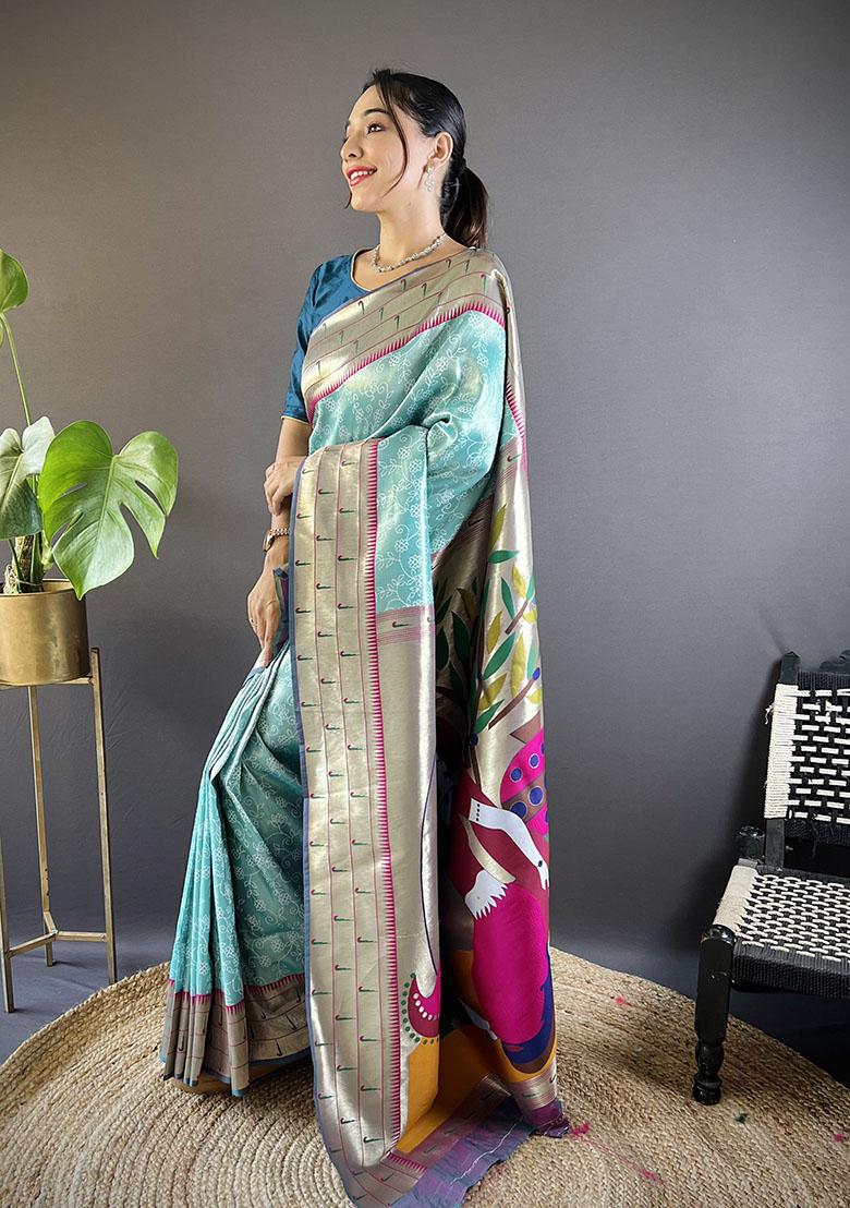 Teal Blue Woven Silk Saree Set
