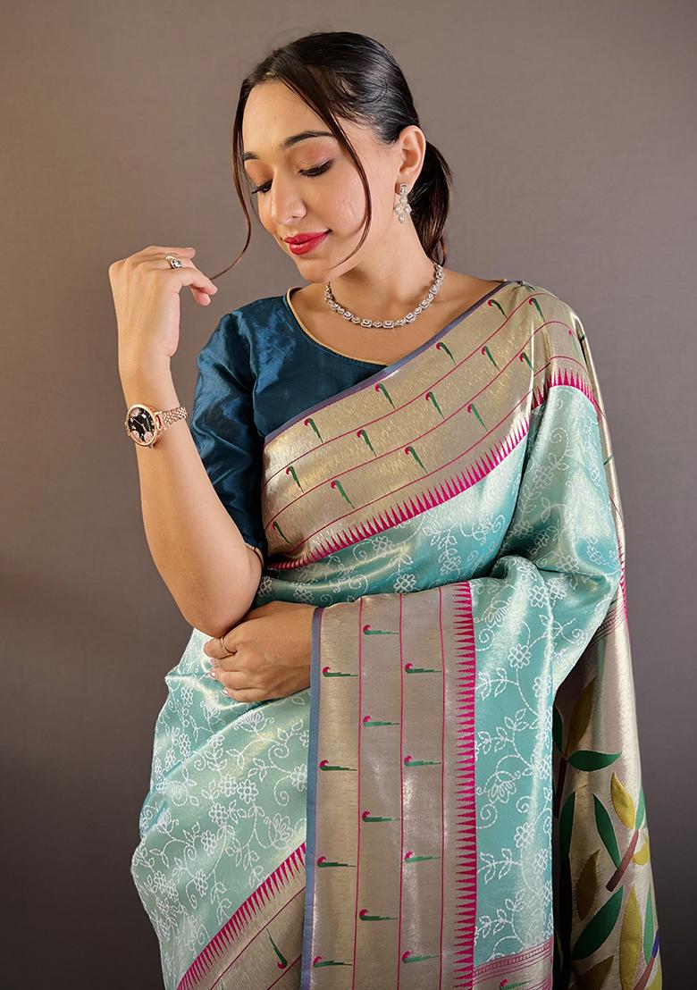 Teal Blue Woven Silk Saree Set