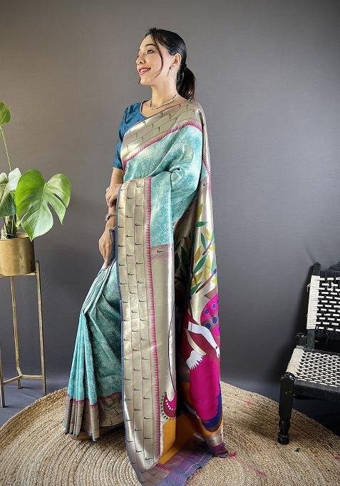 Teal Blue Woven Silk Saree Set
