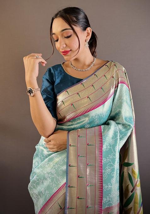 Teal Blue Woven Silk Saree Set