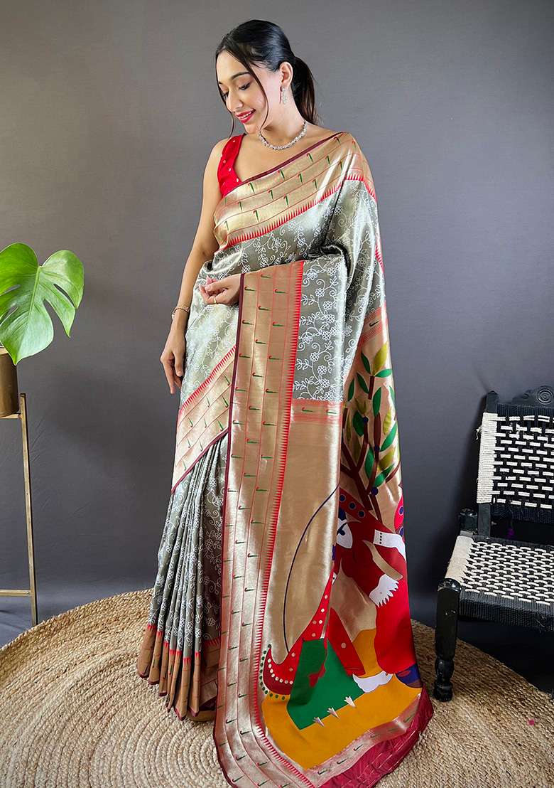 Grey Woven Silk Blend Saree Set for Diwali | Wedding & Festive Wear - Indya