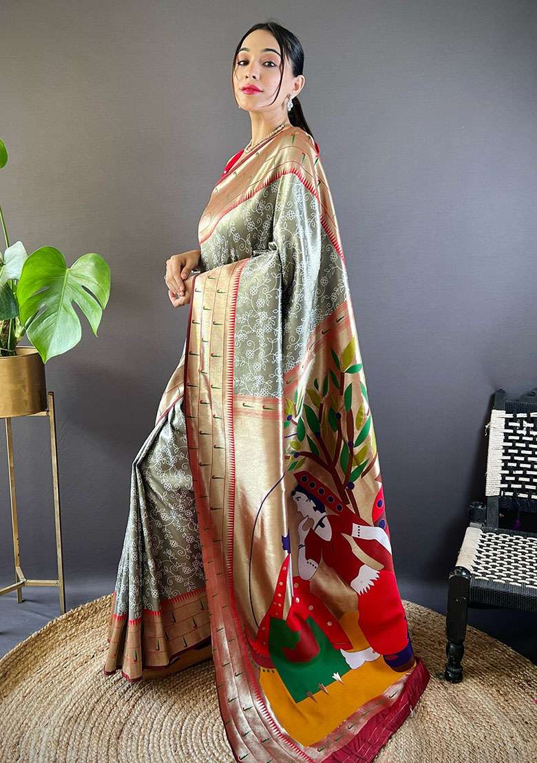 Grey Woven Silk Blend Saree Set for Diwali | Wedding & Festive Wear - Indya