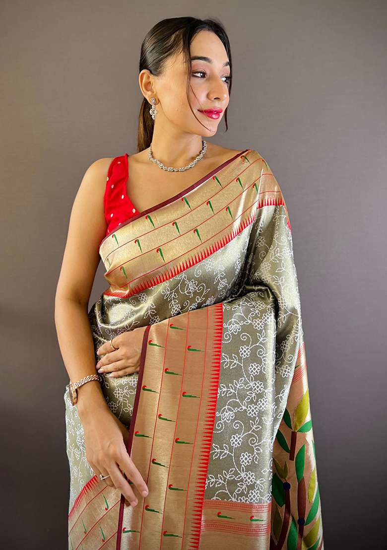 Grey Woven Silk Blend Saree Set for Diwali | Wedding & Festive Wear - Indya