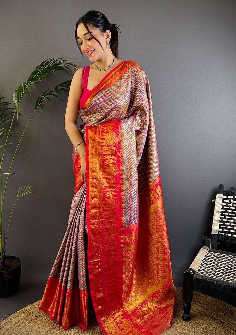 Multicolor Woven Silk Blend Saree Set for Diwali | Wedding & Festive Wear - Indya