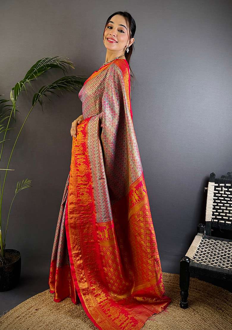 Multicolor Woven Silk Blend Saree Set for Diwali | Wedding & Festive Wear - Indya