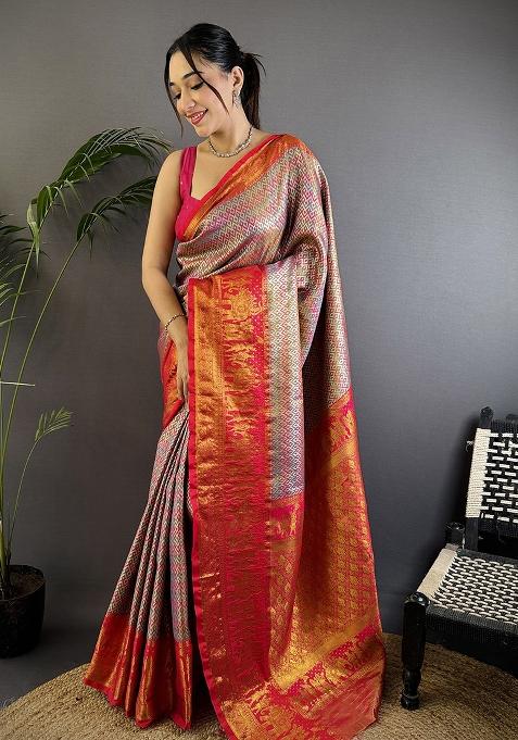 Multicolor Woven Silk Saree Set