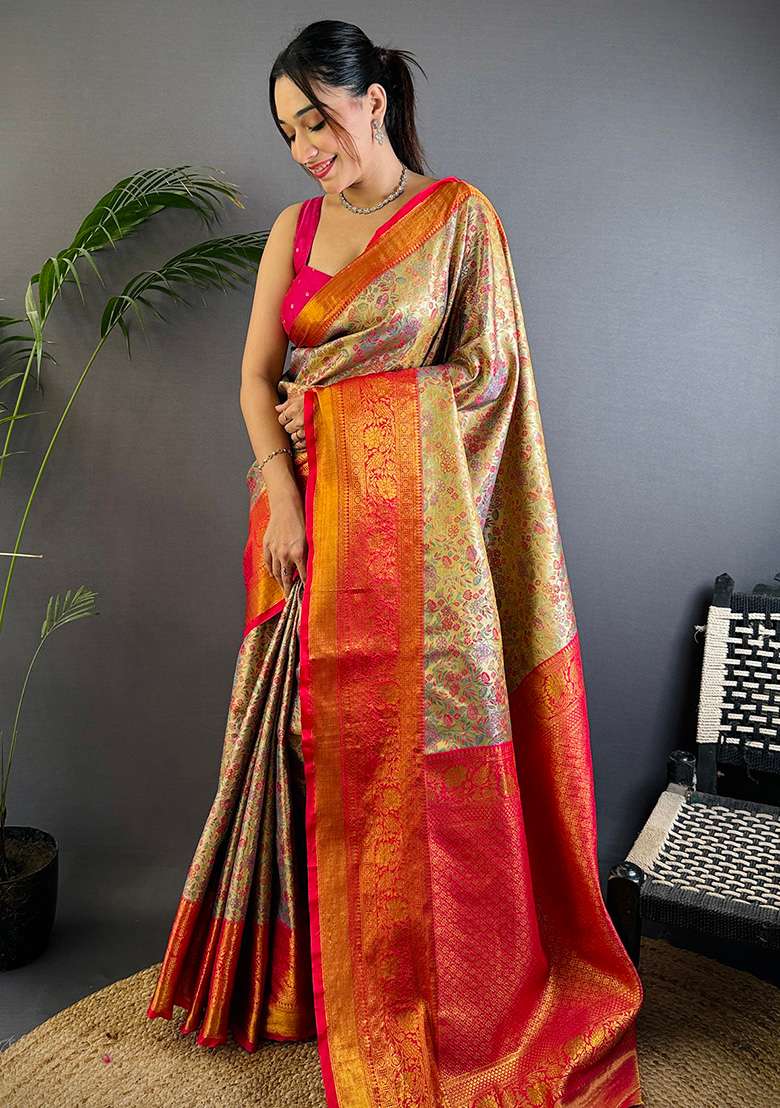 Copper Woven Silk Blend Saree Set for Diwali and Festive Wear - Indya