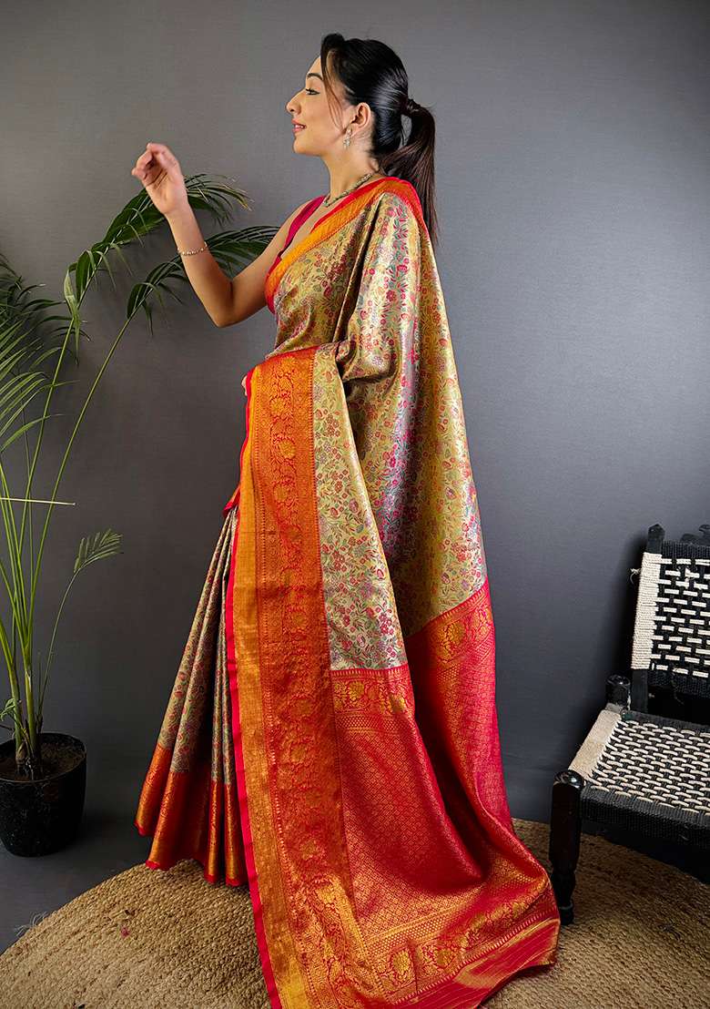 Copper Woven Silk Blend Saree Set for Diwali and Festive Wear - Indya