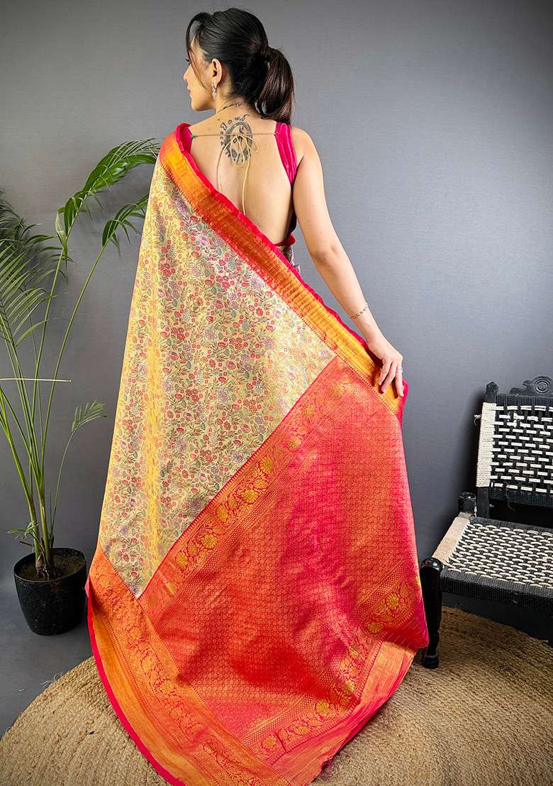 Copper Woven Silk Blend Saree Set for Diwali and Festive Wear - Indya