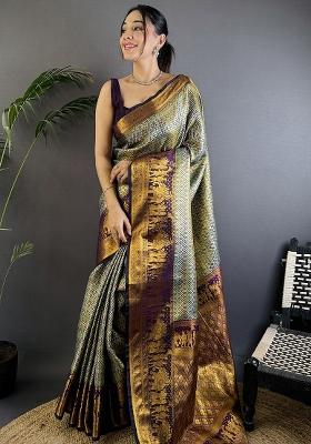 Grey Woven Silk Saree Set