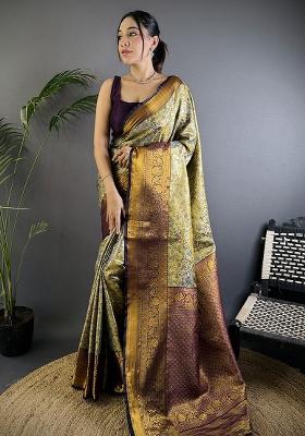 Grey Woven Silk Saree Set