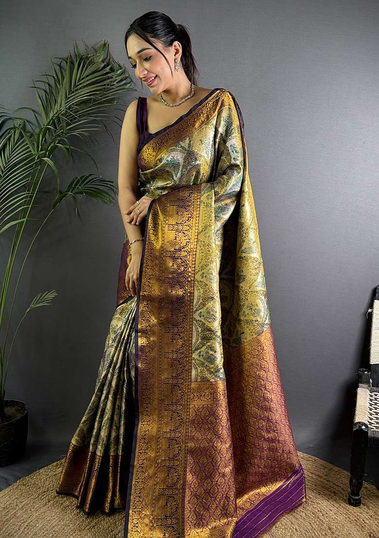 Olive Woven Silk Blend Saree Set for Diwali and Festive Wear - Indya