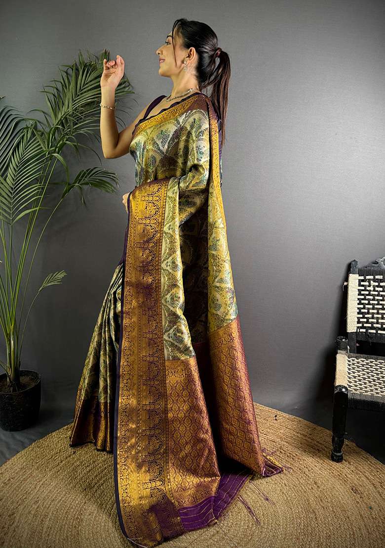 Olive Woven Silk Blend Saree Set for Diwali and Festive Wear - Indya