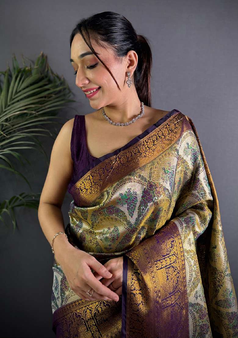 Olive Woven Silk Blend Saree Set for Diwali and Festive Wear - Indya