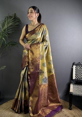 Beige Woven Silk Saree Set