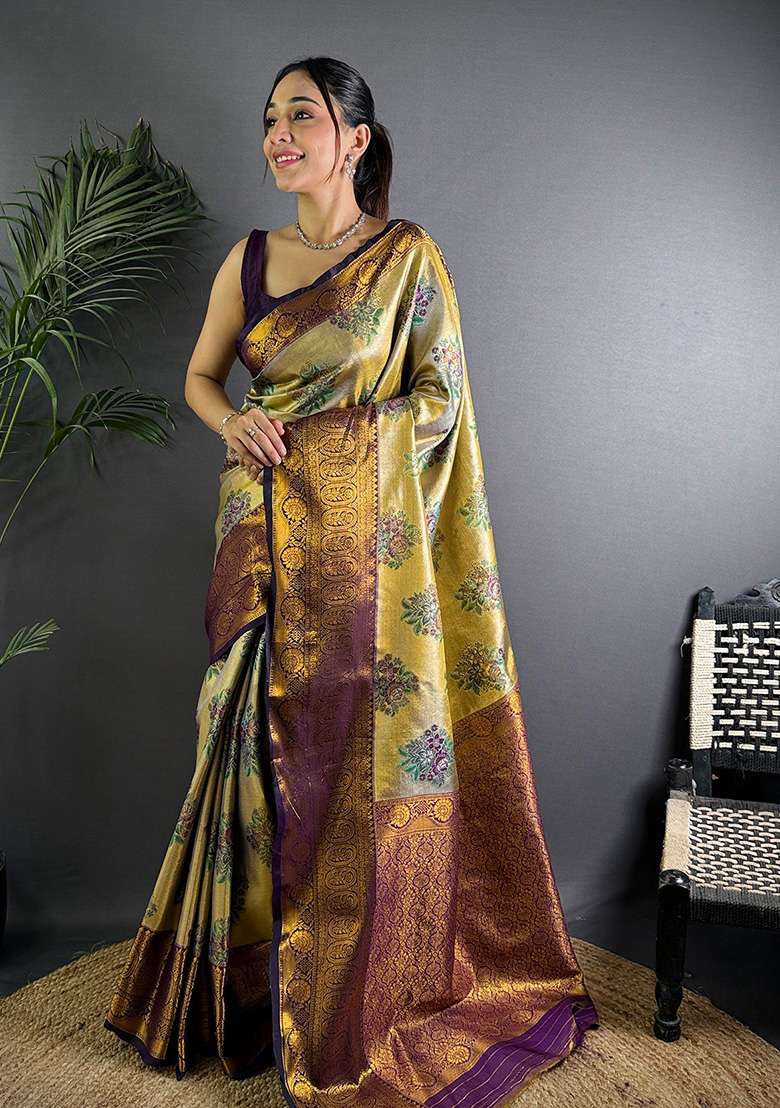 Beige Woven Silk Blend Saree Set for Diwali | Wedding & Festive Wear - Indya