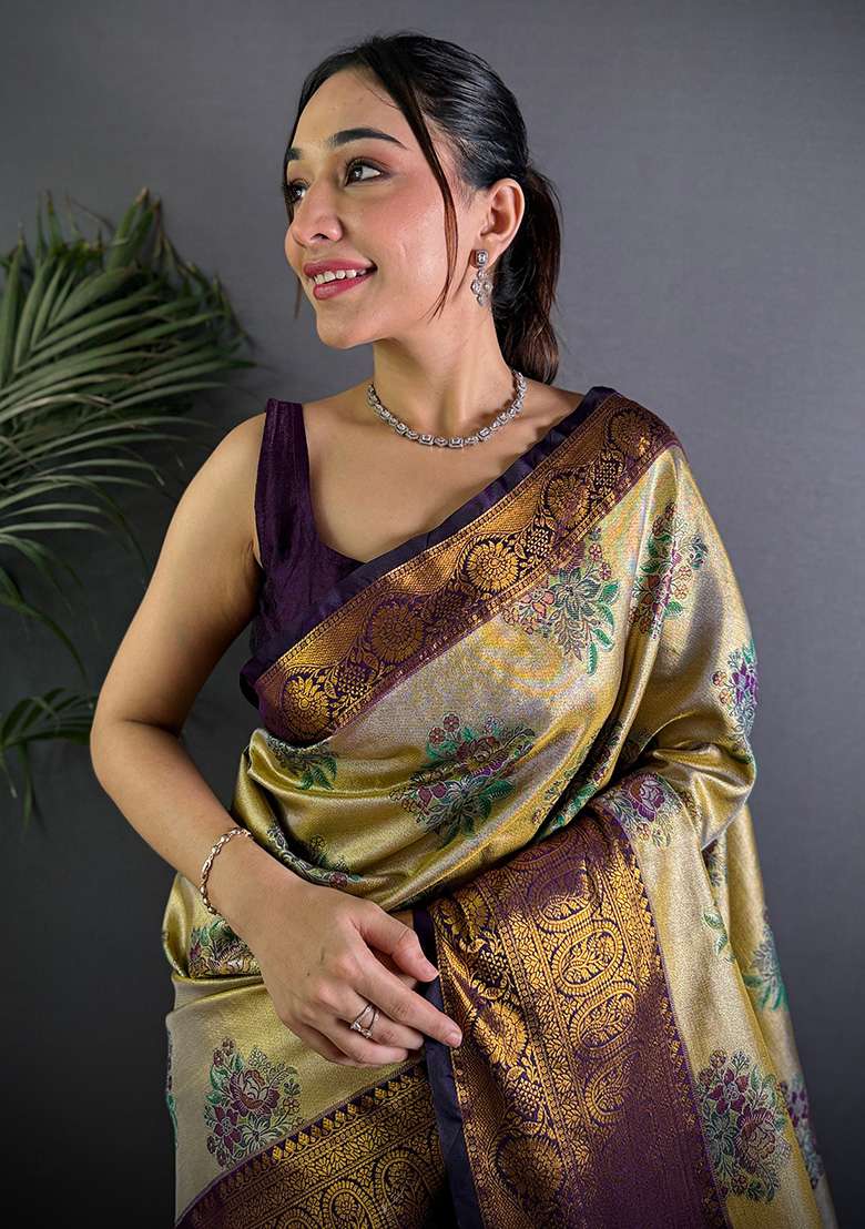 Beige Woven Silk Blend Saree Set for Diwali | Wedding & Festive Wear - Indya