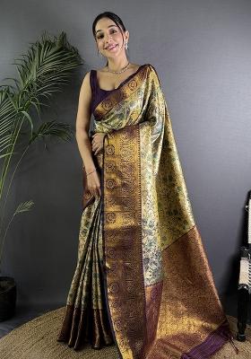 Copper Woven Silk Saree Set