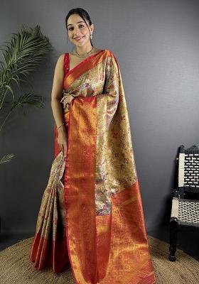 Beige Woven Silk Saree Set