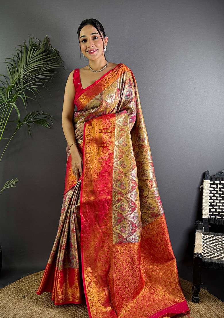 Brown Woven Silk Blend Saree Set for Diwali | Wedding & Festive Wear - Indya