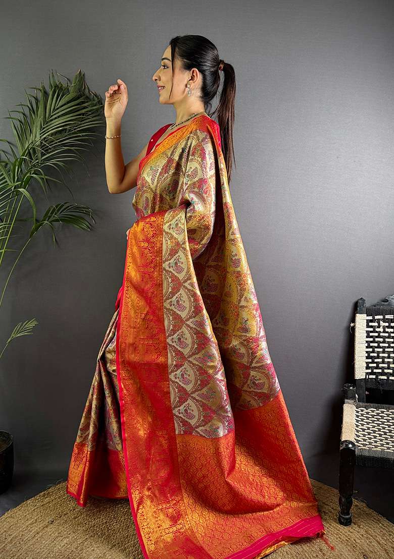 Brown Woven Silk Blend Saree Set for Diwali | Wedding & Festive Wear - Indya