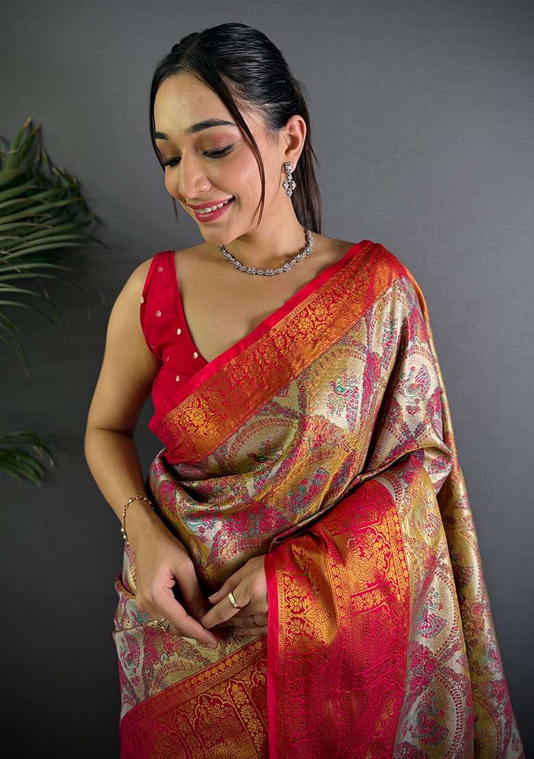Brown Woven Silk Blend Saree Set for Diwali | Wedding & Festive Wear - Indya