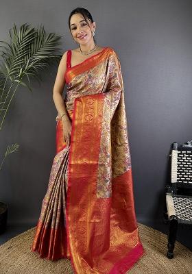 Pink Woven Silk Saree Set