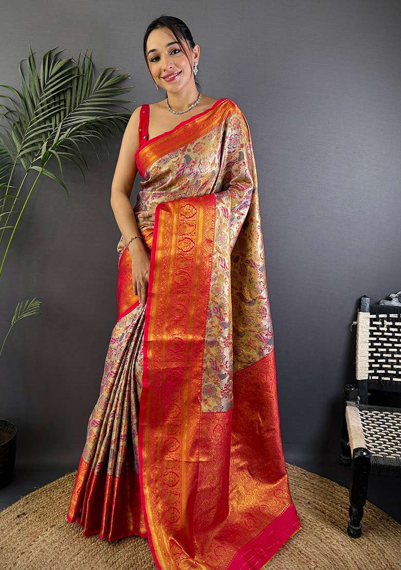 Pink Woven Silk Blend Saree Set for Diwali | Wedding & Festive Wear - Indya