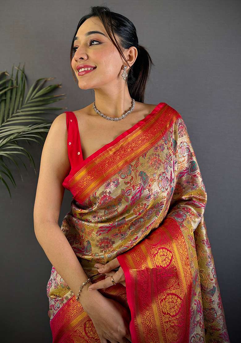 Pink Woven Silk Blend Saree Set for Diwali | Wedding & Festive Wear - Indya