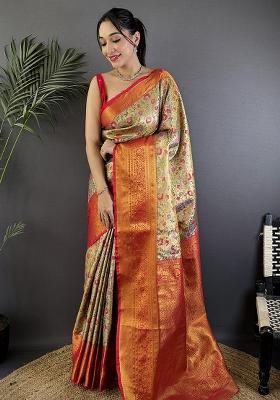 Beige Woven Silk Saree Set