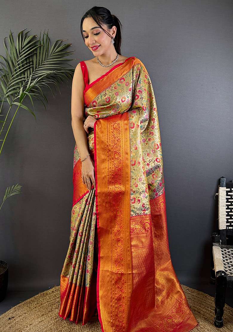 Beige Woven Silk Blend Saree Set for Diwali | Wedding & Festive Wear - Indya