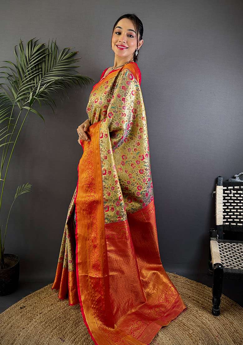 Beige Woven Silk Blend Saree Set for Diwali | Wedding & Festive Wear - Indya