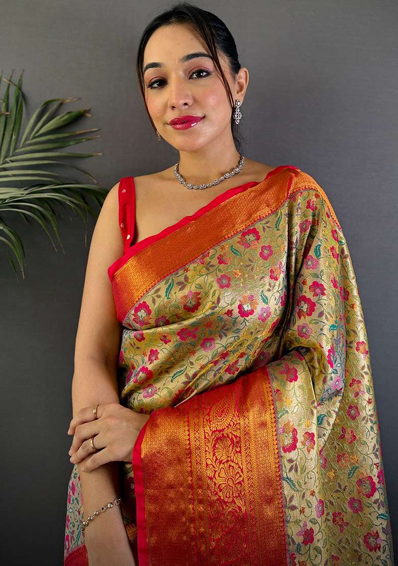 Beige Woven Silk Blend Saree Set for Diwali | Wedding & Festive Wear - Indya