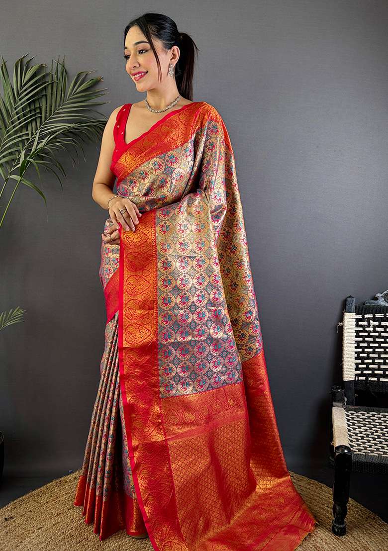 Purple Woven Silk Saree Set - Indya