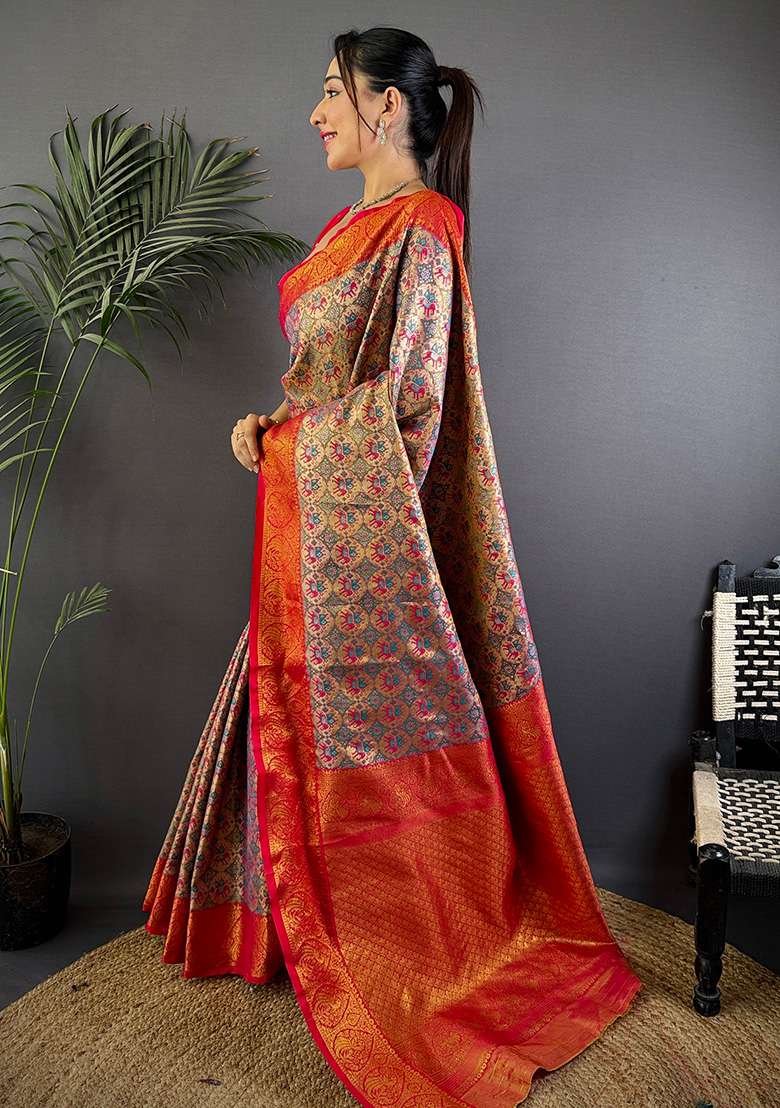 Purple Woven Silk Saree Set - Indya