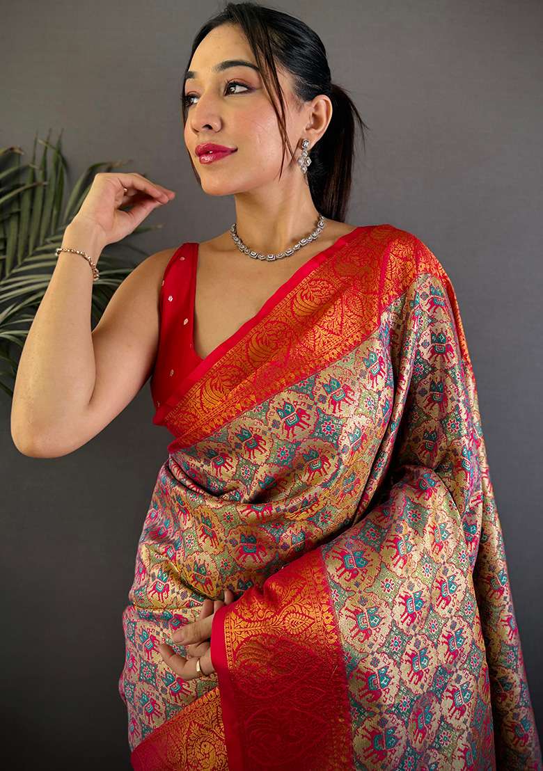 Purple Woven Silk Saree Set - Indya