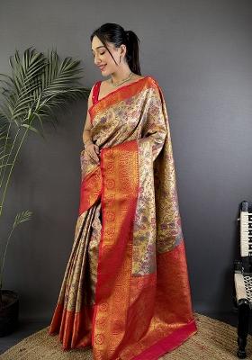 Beige Woven Silk Saree Set