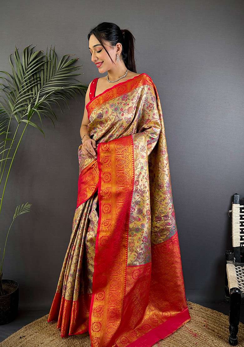 Beige Woven Silk Blend Saree Set for Diwali and Festive Wear - Indya