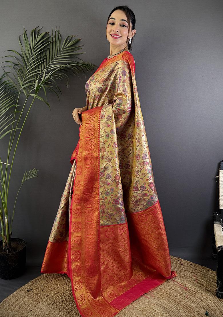 Beige Woven Silk Saree Set - Indya