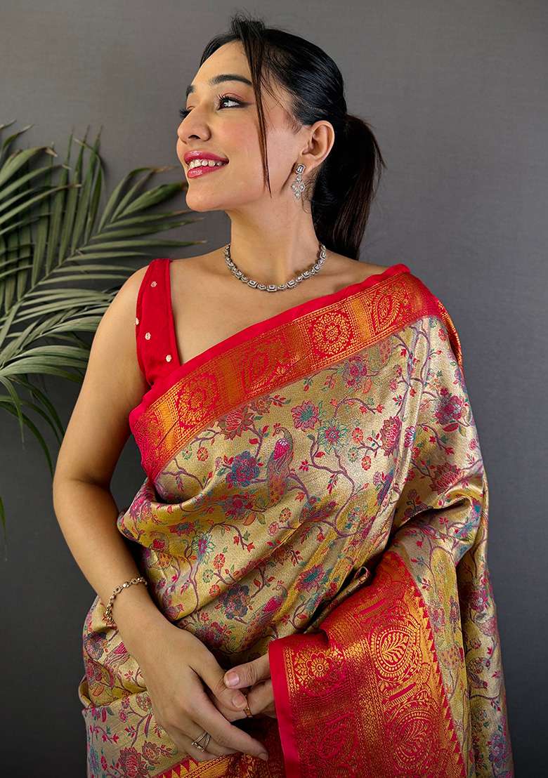 Beige Woven Silk Blend Saree Set for Diwali and Festive Wear - Indya