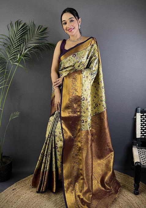 Green Woven Silk Saree Set