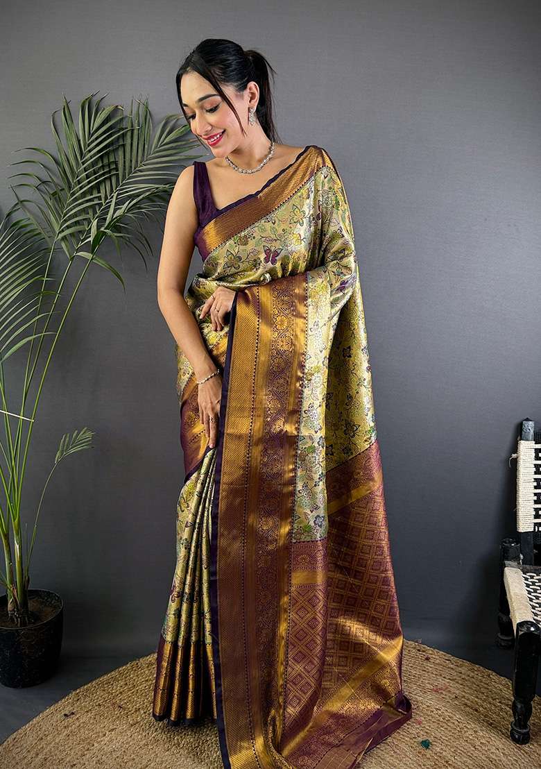 Green Woven Silk Blend Saree Set for Diwali and Festive Wear - Indya